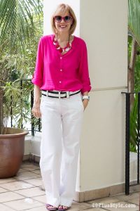 white trousers with satin top