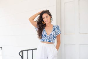 white trousers with flower tops 